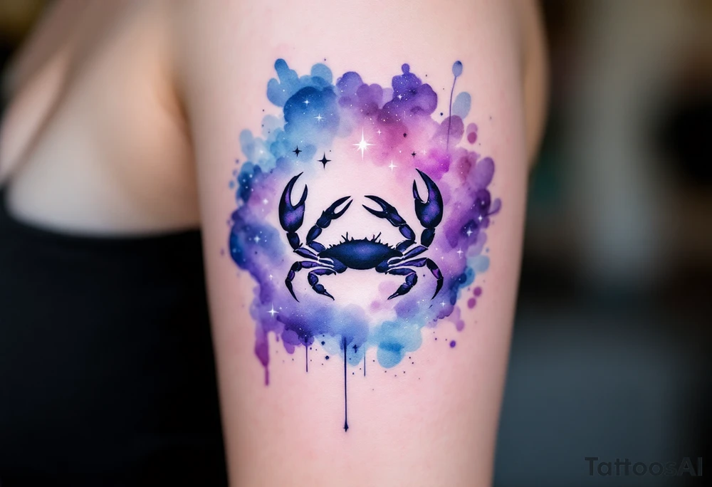 A watercolor nebula in shades of purple and blue cradles the Cancer star constellation and crab silhouette. tattoo idea