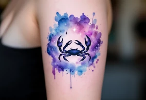 A watercolor nebula in shades of purple and blue cradles the Cancer star constellation and crab silhouette. tattoo idea
