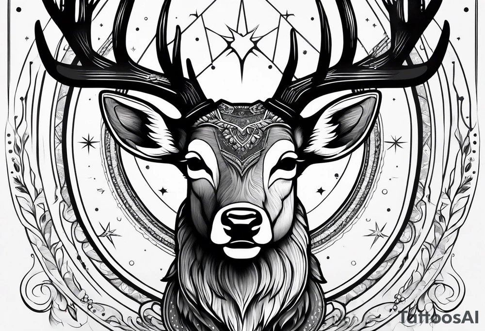 Strong deer with antlers with universe as eyes tattoo idea