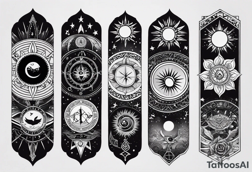 Arm sleeve tattoo with spiritual symbols, sun and moon, 7 chakras, peace symbol and strength that is a mixture of the divine feminine and masculine tattoo idea