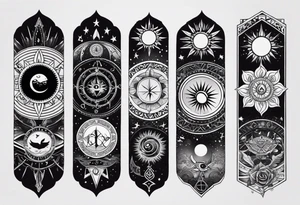 Arm sleeve tattoo with spiritual symbols, sun and moon, 7 chakras, peace symbol and strength that is a mixture of the divine feminine and masculine tattoo idea