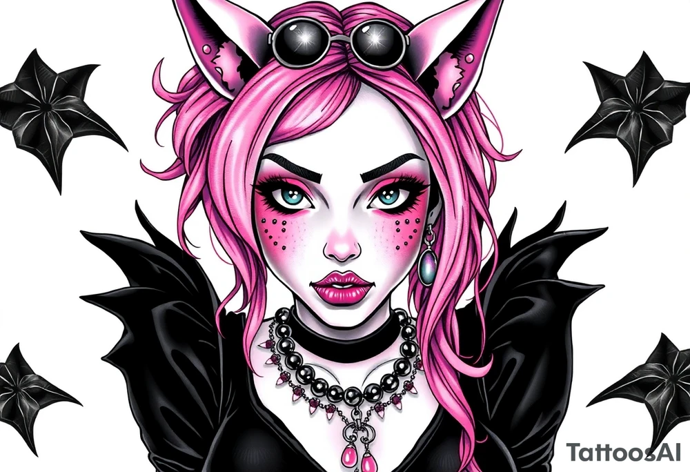 hot goth girl with puppy ears and with piercings on face and big boobs and big butt with black outfit on with pink hair tattoo idea