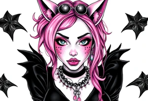 hot goth girl with puppy ears and with piercings on face and big boobs and big butt with black outfit on with pink hair tattoo idea