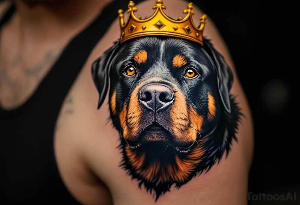 Rottweiler with Crown – A proud black and tan Rottweiler wearing a worn gold crown, symbolizing loyalty and strength. Hyper-realistic fur texture with warm amber eye details. tattoo idea