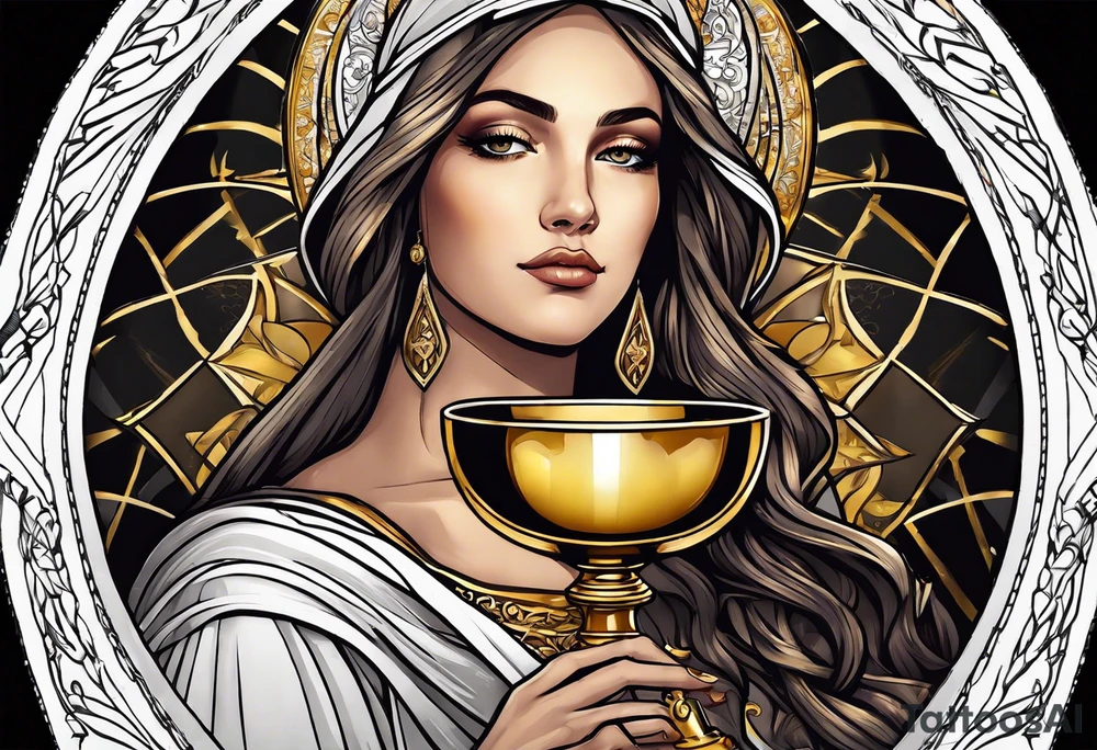 woman saint holding chalice surrounded by golden halo sideways tattoo idea