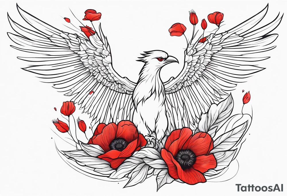 elongated pheonix holding red poppies in claw tattoo idea