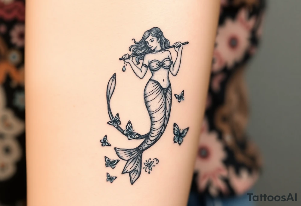 Aquarius goddess with mermaid tail Carrying  water bearer over her shoulder spilling water to the floor with a pisces fish in
Leading to butterflies tattoo idea