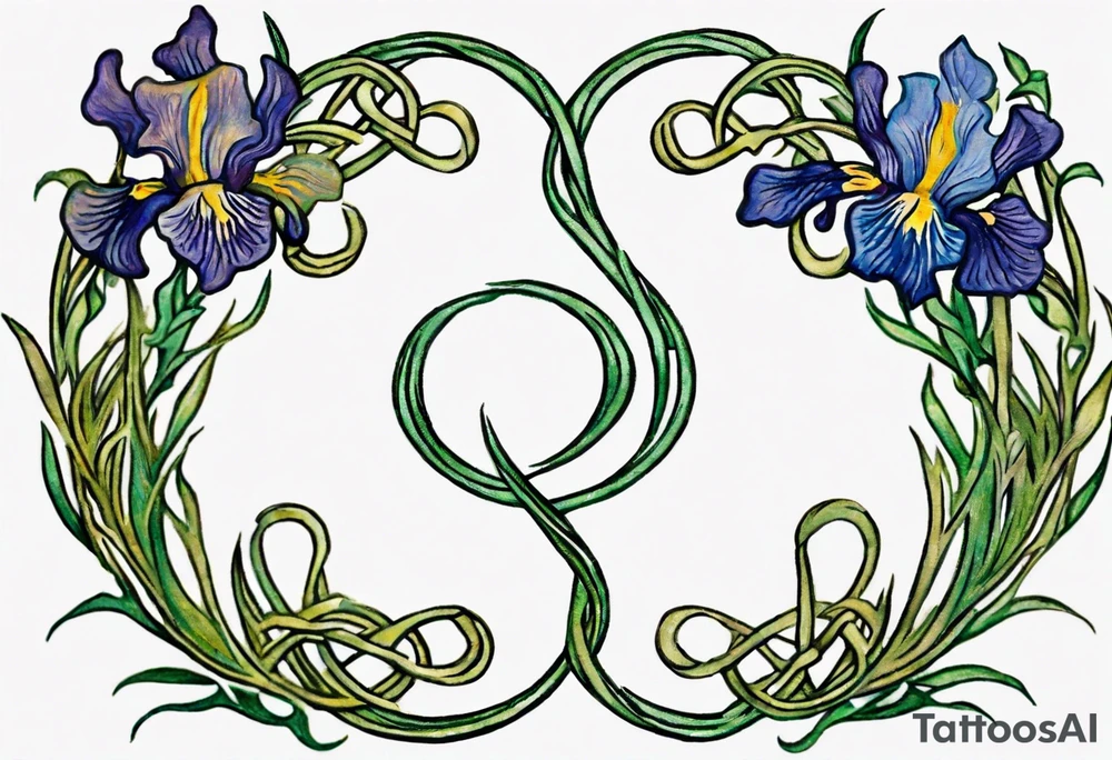 Create a colorful small Vincent van Gogh Irises tattoo with Celtic knots. The tattoo should take the form of a crescent, with vines gracefully intertwining at a central point in the middle of the wreath. Ensure that the design avoids the appearance of a bush and maintains a more structured and deliberate arrangement. The intended placement is on the upper chest. The overall design should be small in size while maintaining a delicate and artistic aesthetic. Pay attention to the graceful flow of the vines and the placement of the irises to achieve a refined and elegant look. tattoo idea