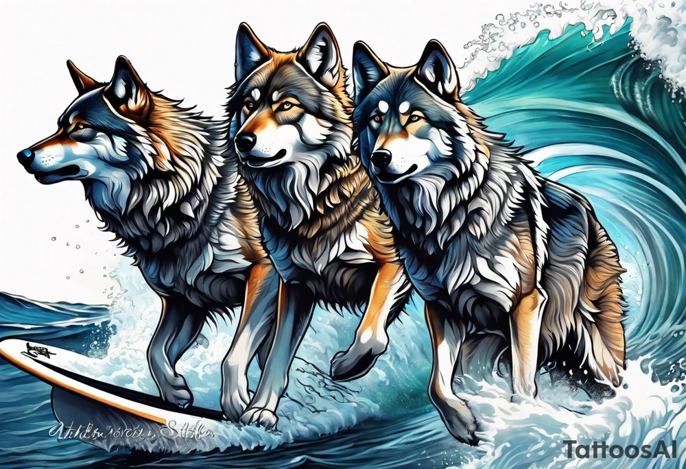 a pack muscular of gray wolves surfing tattoo idea
