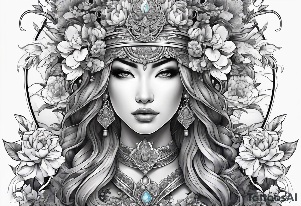 ornate beautiful woman warrior with weapon & floral arch background tattoo from head to torso tattoo idea