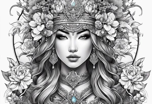 ornate beautiful woman warrior with weapon & floral arch background tattoo from head to torso tattoo idea