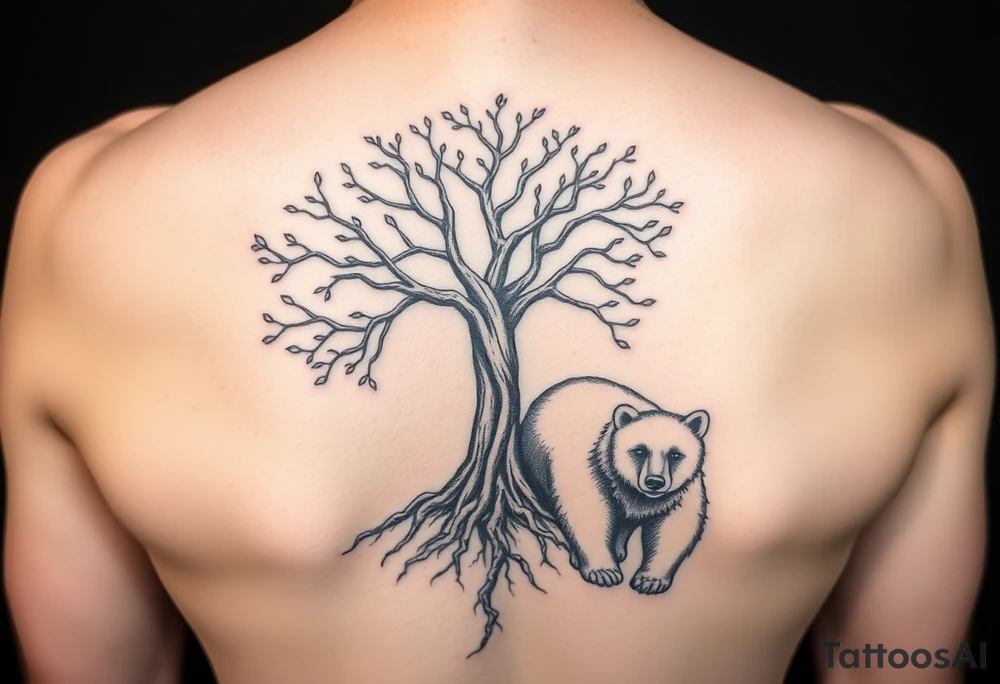 Tree of life with root detail and a realistic mother bear with her cub tattoo idea