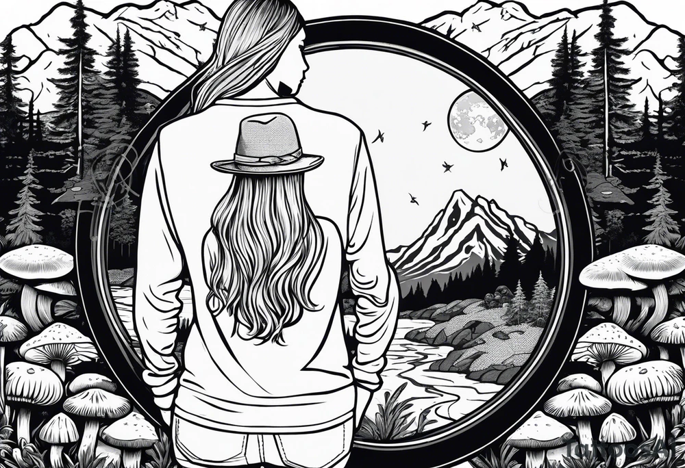 Whole picture encircled fully

Straight long blonde hair hippie girl in distance holding mushrooms in hand facing away toward mountains and creek surrounded by mushrooms long sleeve shirt and hiking pants; whole rendering within a full circle, no cut off circle tattoo idea