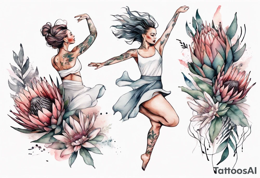 Very feminine tattoo with a woman dancing in a wind of protea flowers tattoo idea
