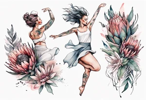 Very feminine tattoo with a woman dancing in a wind of protea flowers tattoo idea