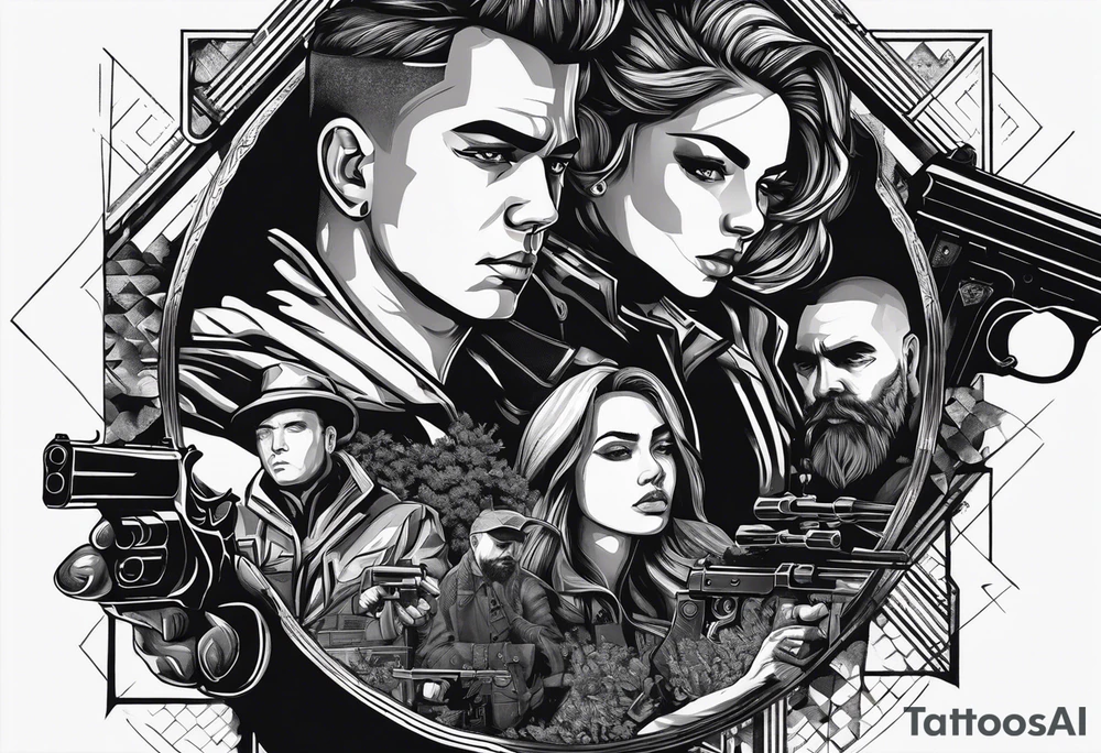 In the reflection of a eye two black siloets of people holding guns one man dead on the ground with a wounded woman standing behind him tattoo idea