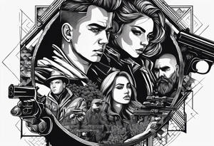 In the reflection of a eye two black siloets of people holding guns one man dead on the ground with a wounded woman standing behind him tattoo idea