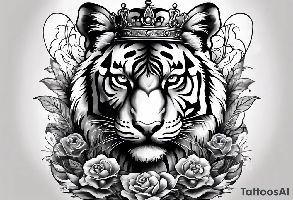 A tiger with a crown on the top with a third eye hourglass with a brain inside of the hourglass, covered in clouds, on the bottom of the hourglass, a heart covered in grass, a full detailed arm sleeve tattoo idea