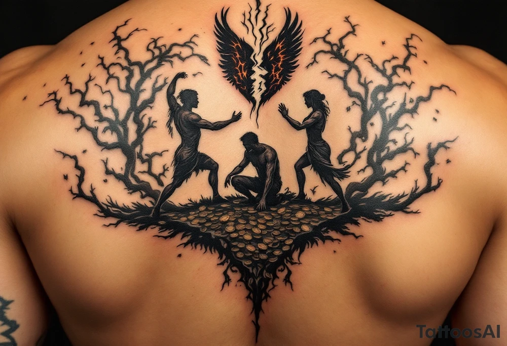 Design a full back tattoo that represents the struggles of betrayal, financial loss, relationship breakup, loss of job, loss of self, and death of a loved one, inspired by Greek mythology and art. The tattoo should be reminiscent of a Greek painting, particularly illustrating the trials of Hercules. Each struggle should be depicted as a symbolic labor, with each one portrayed as a scene on the back. For example:

Betrayal: A scene of a broken, jagged heart surrounded by shadows, with a figure turned away in mistrust.
Financial Loss: A treasure chest overturned, with coins spilling out, and a figure kneeling in despair.
Relationship Breakup: Two intertwined figures tearing apart, with one side showing broken chains or a shattered heart.
Loss of Job: A man in tattered clothing, walking away from a ruined, burning building.
Loss of Self: A figure looking at their shattered reflection in a broken mirror, symbolizing identity lost.
Death of a Loved One: A scene of a person in mourning, standing by a grave, with a winged figure representing the spirit of the deceased.
Ensure the design has an ancient, classical Greek aesthetic, with detailed lines, natural poses, and a narrative flow, similar to the style of ancient Greek pottery or frescoes." tattoo idea