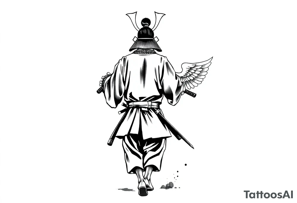 A blackwork tattoo depicting a samurai walking forward from behind. The samurai is dressed in a traditional kimono and hakama, holding two long katanas in a relaxed yet combat-ready stance. A small angel with detailed feathered wings is pushing him from behind. Strong contrast, dynamic ink splashes, sumi-e brushstrokes, a minimalist white background, dramatic lighting, an emotional and symbolic composition, and highly detailed linework. tattoo idea