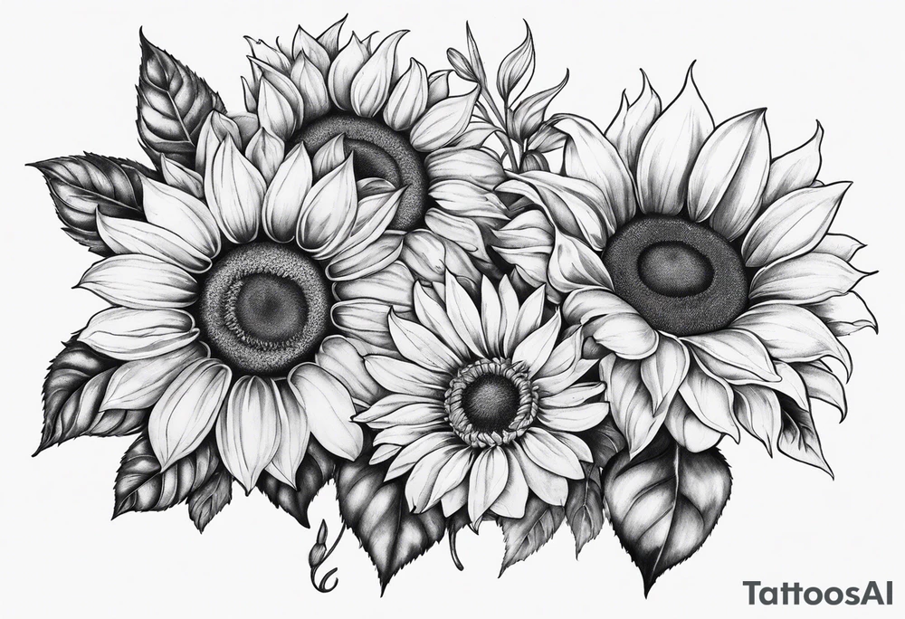 My moms name Araceli in cursive four sunflowers and shading all around tattoo idea