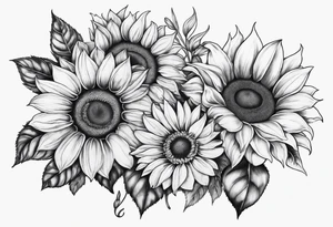 My moms name Araceli in cursive four sunflowers and shading all around tattoo idea