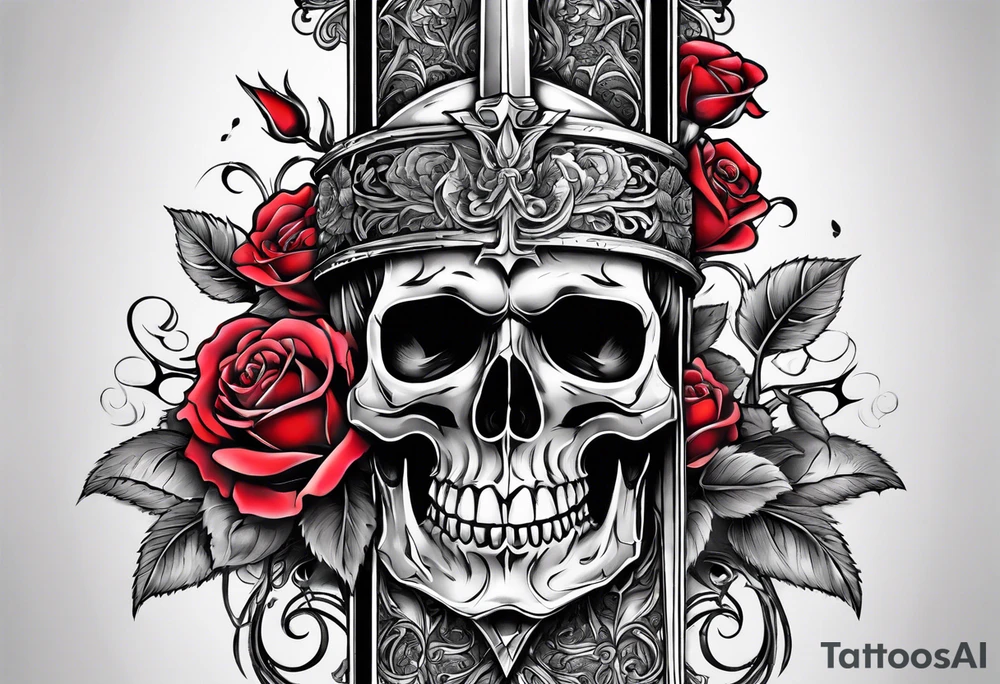 Sword and skull wrapped in roses tattoo idea