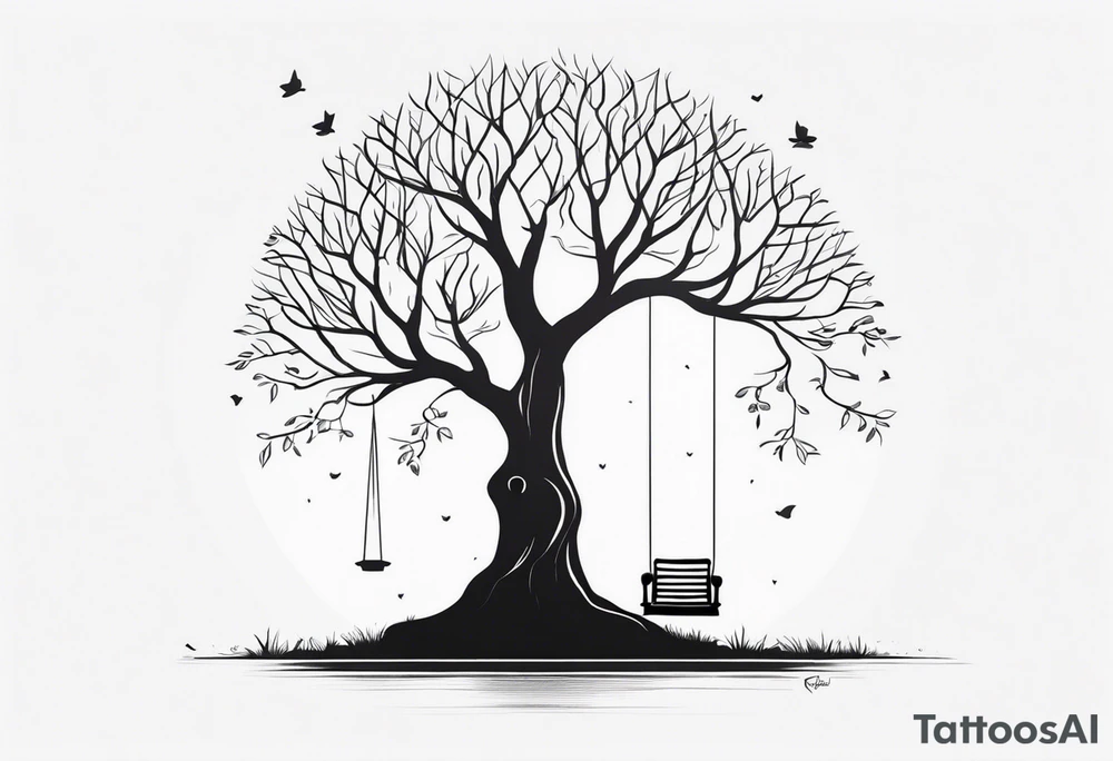 tree, with a ground line, without visible roots. the crown with branches resembles an owl. on one branch there is a swing with two boys facing backwards on it tattoo idea