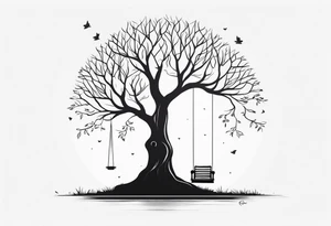 tree, with a ground line, without visible roots. the crown with branches resembles an owl. on one branch there is a swing with two boys facing backwards on it tattoo idea