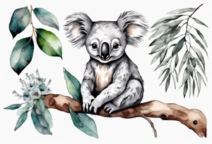 A koala with a kookaburra sitting on a eucalyptus tree tattoo idea