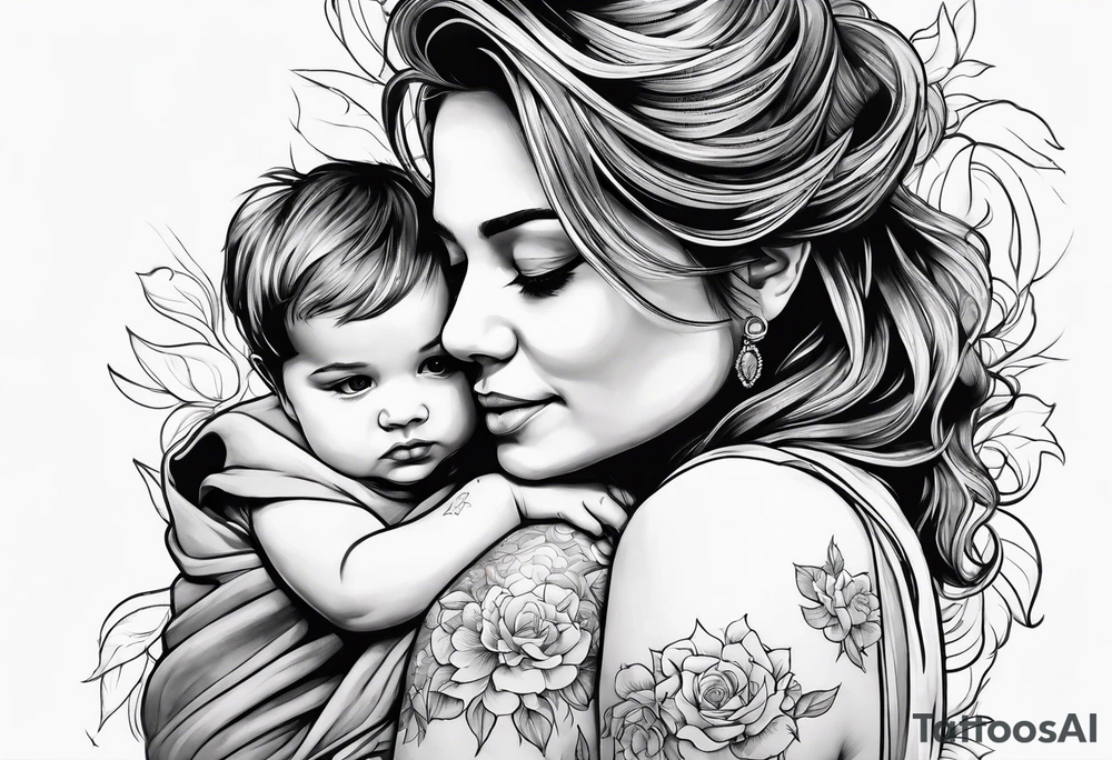 A simple outline of a mom holding her to kids tattoo idea