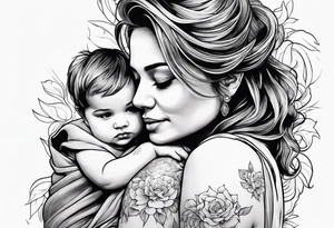 A simple outline of a mom holding her to kids tattoo idea