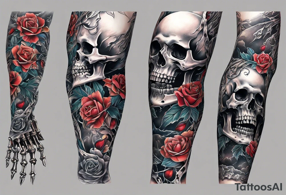 Arm sleeve skeleton, broken soul, pain suffering, loneliness, darkness, betrayal tattoo idea