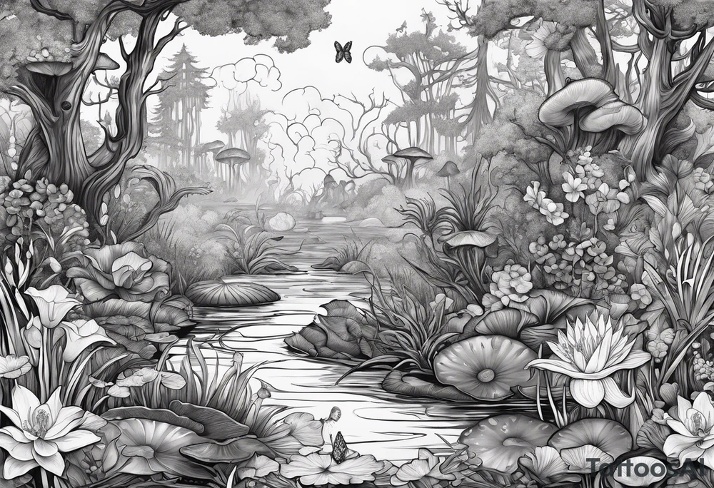 A swamp that has a mermaid in the middle with cypress trees, mushrooms, wild flowers, lily pads, frogs, and bugs all around. tattoo idea