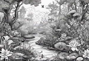 A swamp that has a mermaid in the middle with cypress trees, mushrooms, wild flowers, lily pads, frogs, and bugs all around. tattoo idea