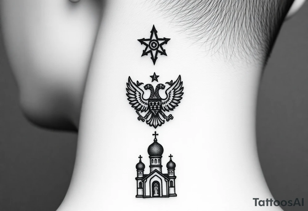 Stacked Vertical Column 

Russian star — small, bold
Middle: Miniature double-headed eagle — simplified, cleaner lines to suit the smaller space
Bottom: Orthodox church dome(s) with a small Virgin Mary silhouette beneath tattoo idea