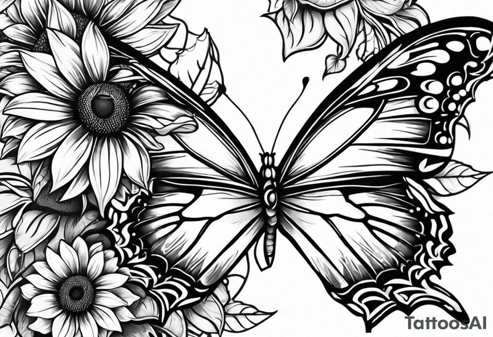 Sunflower and butterfly leg sleeve tattoo idea