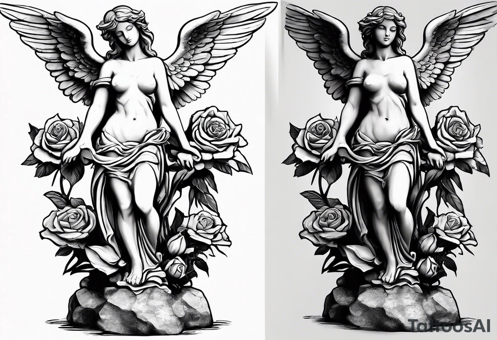 Simple Angel statue stood on a rock with daffodils and roses wrapped around its legs tattoo idea