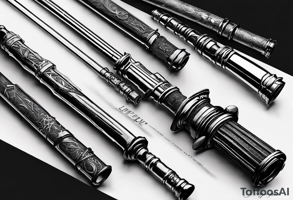 Lightsaber and a Wand from Harry Potter overlapping to make an "X" and in the spaces between the put the letters A,J,L and N. tattoo idea