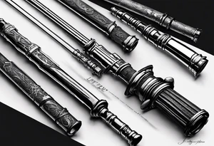 Lightsaber and a Wand from Harry Potter overlapping to make an "X" and in the spaces between the put the letters A,J,L and N. tattoo idea