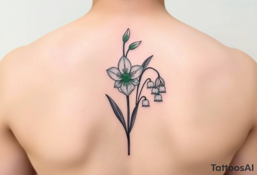 Upper arm tattoo. Peridot green Gladiola in the middle of two lily of the valley each with nine blossoms tattoo idea