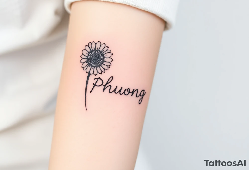 Word "PHUONG" written vertical with the sunflower. tattoo idea