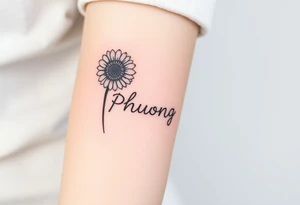 Word "PHUONG" written vertical with the sunflower. tattoo idea