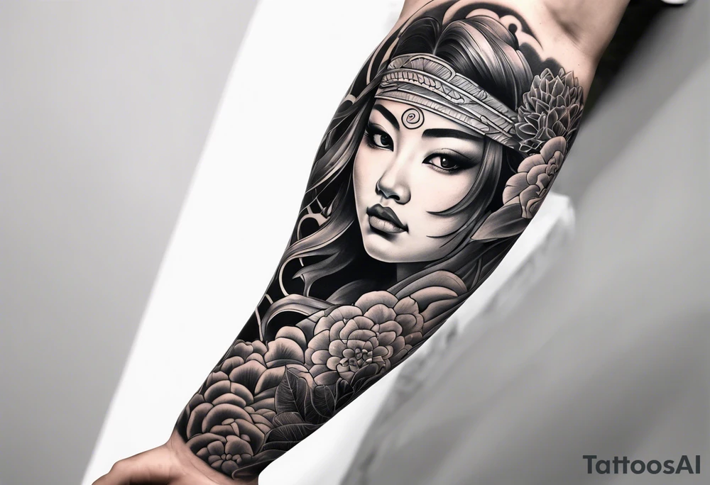High contrast black and grey Japanese full arm sleeve tattoo idea