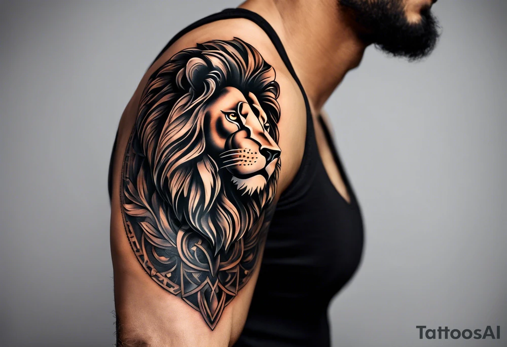 A full tattoo sleeve designed with a strong, masculine aesthetic, featuring a powerful lion as the centerpiece. The lion, symbolizing strength, courage, and leadership, is depicted with intricate detail and dynamic shading, capturing its fierce expression and majestic mane. Surrounding the lion, incorporate geometric patterns that add structure and contrast to the design. These patterns are bold and angular, creating a sense of order and symmetry that complements the natural form of the lion. The geometric elements are woven around the lion, emphasizing its central position while providing a modern, edgy backdrop. The shading throughout the sleeve is deep and dramatic, enhancing the contrast between the organic features of the lion and the precise lines of the geometric patterns. The overall design is bold, intense, and visually striking, combining the raw power of the lion with the clean, ordered aesthetic of geometric patterns for a cohesive and masculine tattoo sleeve. tattoo idea