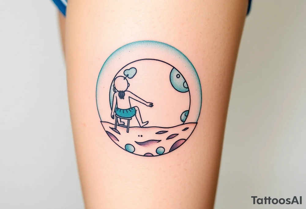 Two people holding hands, sitting in beach chairs, sitting on a giant planet tattoo idea