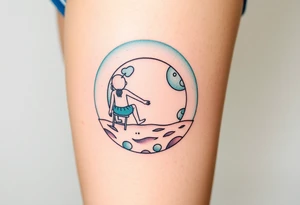 Two people holding hands, sitting in beach chairs, sitting on a giant planet tattoo idea