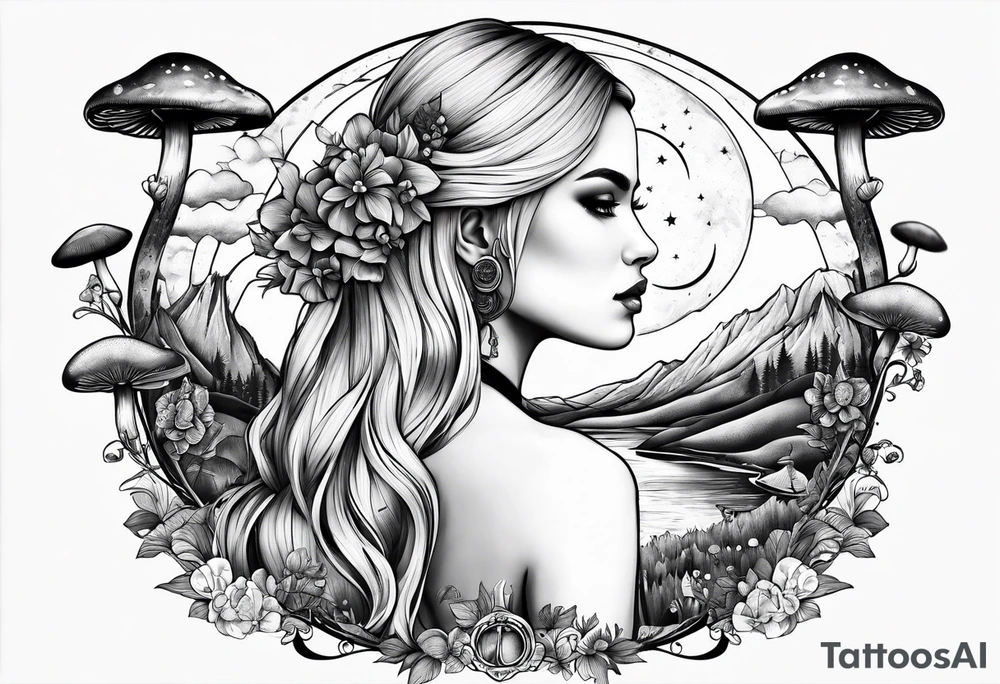 Straight blonde hair girl facing mountains surrounded by mushrooms crescent moon tattoo idea