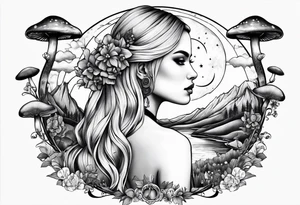 Straight blonde hair girl facing mountains surrounded by mushrooms crescent moon tattoo idea