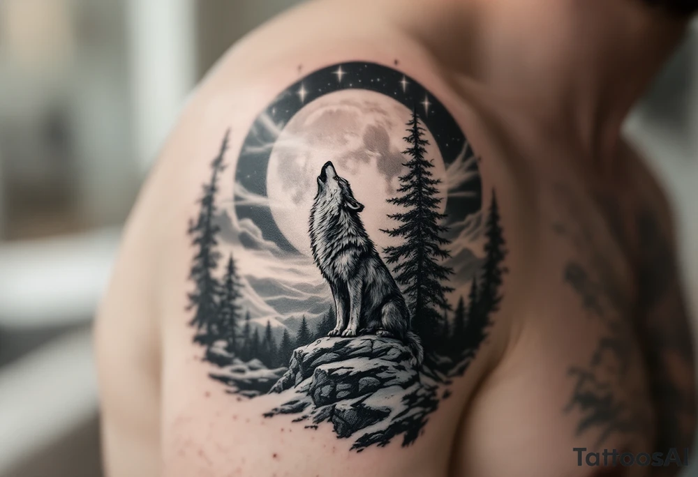 lone wolf howling at full moon with northern lights backdrop tattoo idea